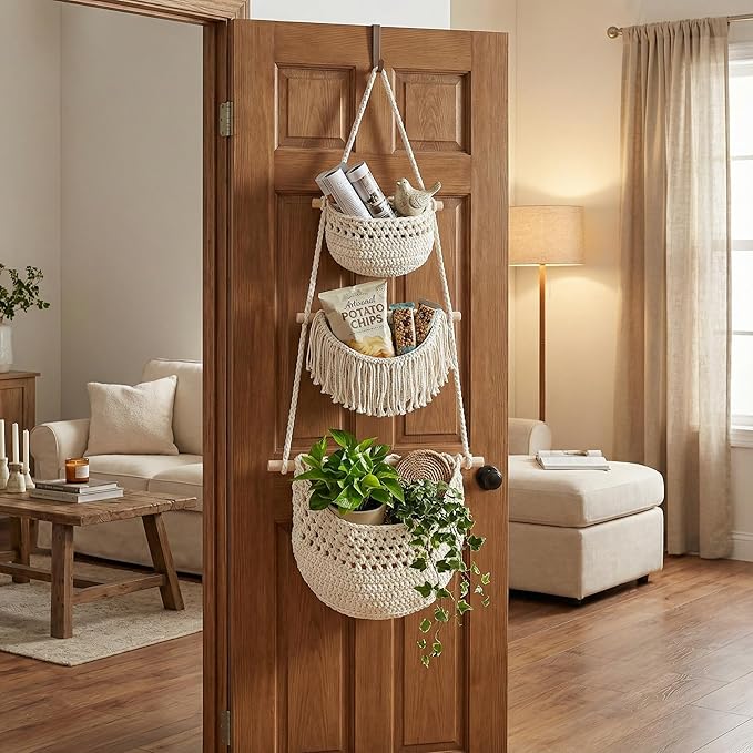 3 Tier Hanging Fruit Basket, Jute Wall Baskets, Hanging Produce Baskets