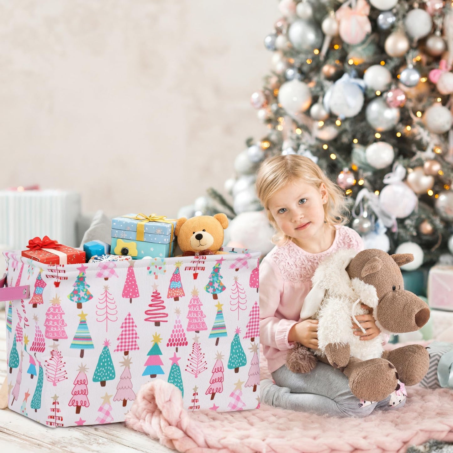FYSUIMU 2 Pcs Christmas Storage Basket Pink Green Xmas Tree Storage Bins with Handles Rectangle Foldable Container Box for Home Office Nursery Laundry Shelf Closet Toy