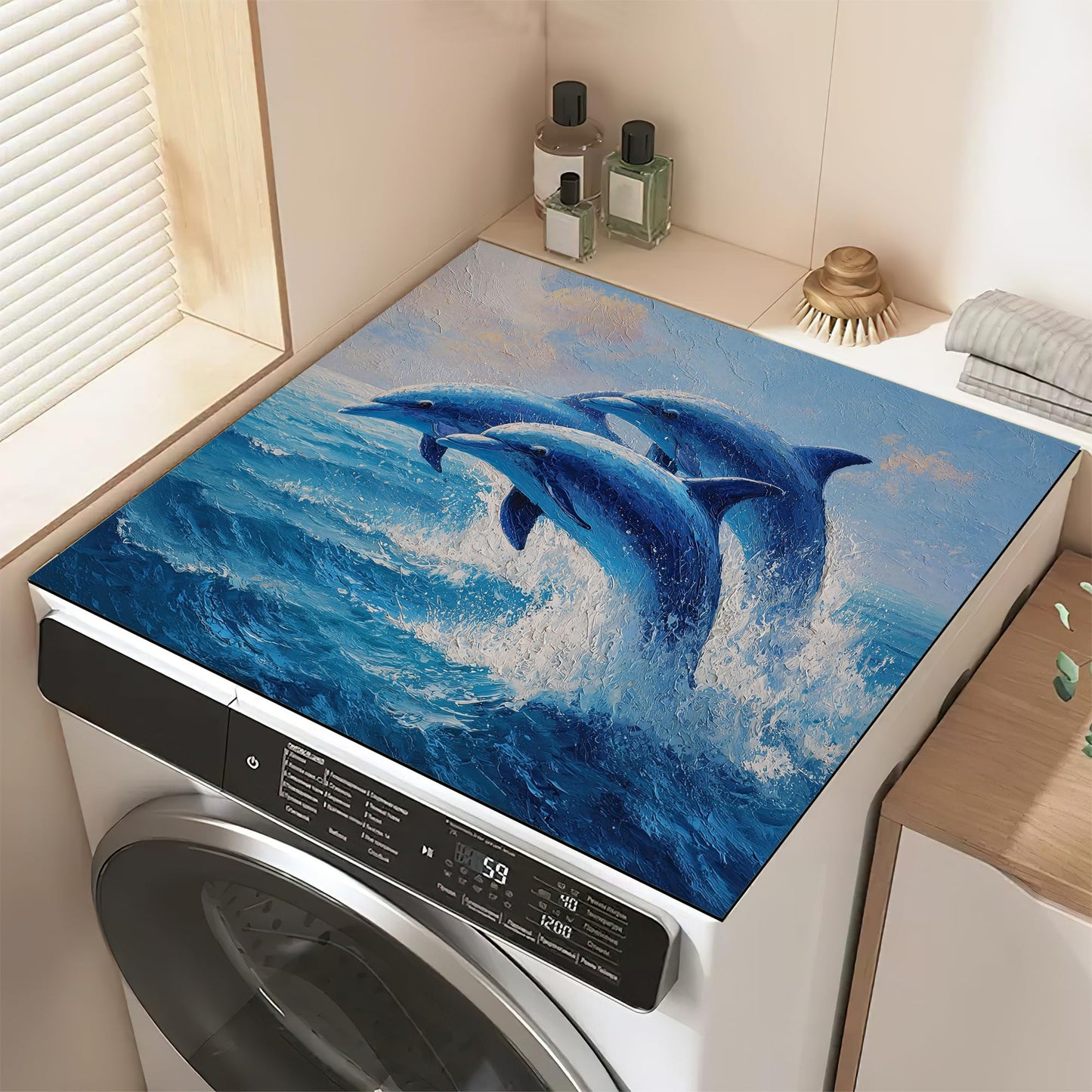 Blue Jumping Dolphins Washer and Dryer Covers for the Top,Washing Machine Dust Cover Pad Anti-slip Absorbent Protector Mat for Washer Dryer Home Decor,23.6"x19.7"