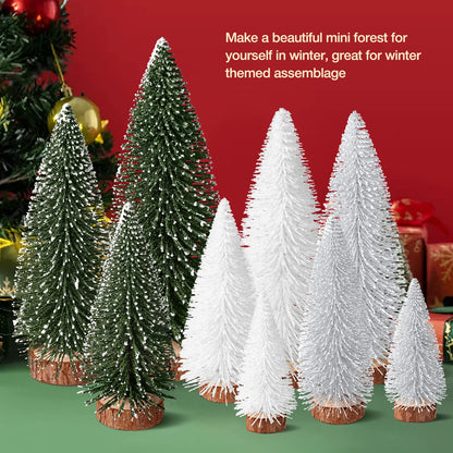9Pcs Mini Bottle Brush Christmas Trees in 4 Sizes - Green, Silver, White Table Decorations