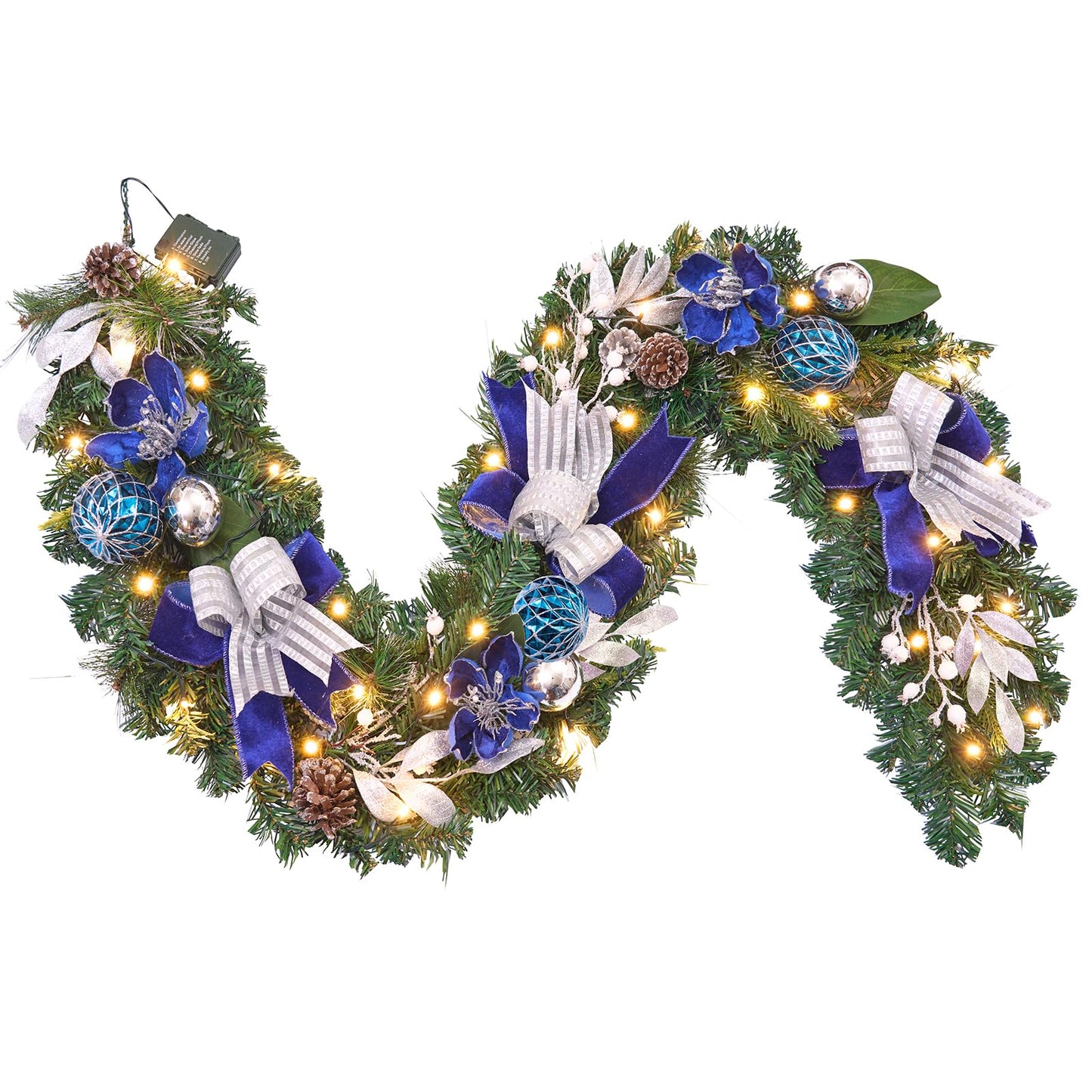 Pre-Lit Christmas Garland for Front Door with 20 LED Lights,6 ft Silver Blue Lighted Christmas Garland for Mantel Fireplace Window Stairs Holiday Decoration with Timer,Magnolia Winter Decor