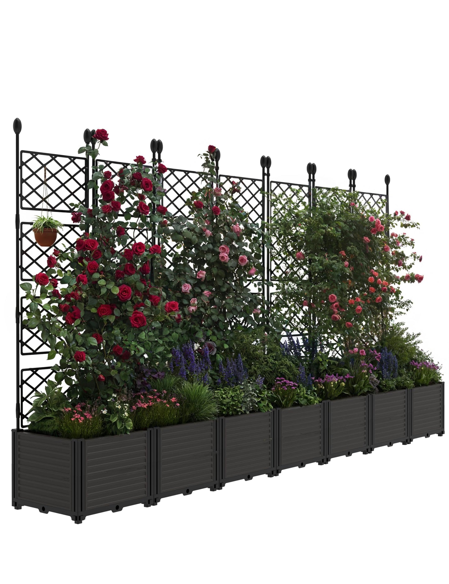 7 PCS Plastic Planter Box with Trellis - 5.25 FT Tall Raised Garden Bed, Lockable Wheels & Drainage for Patio, Balcony Tomatoes, Flowers, Herbs Weather-Resistant Resin Outdoor Decor