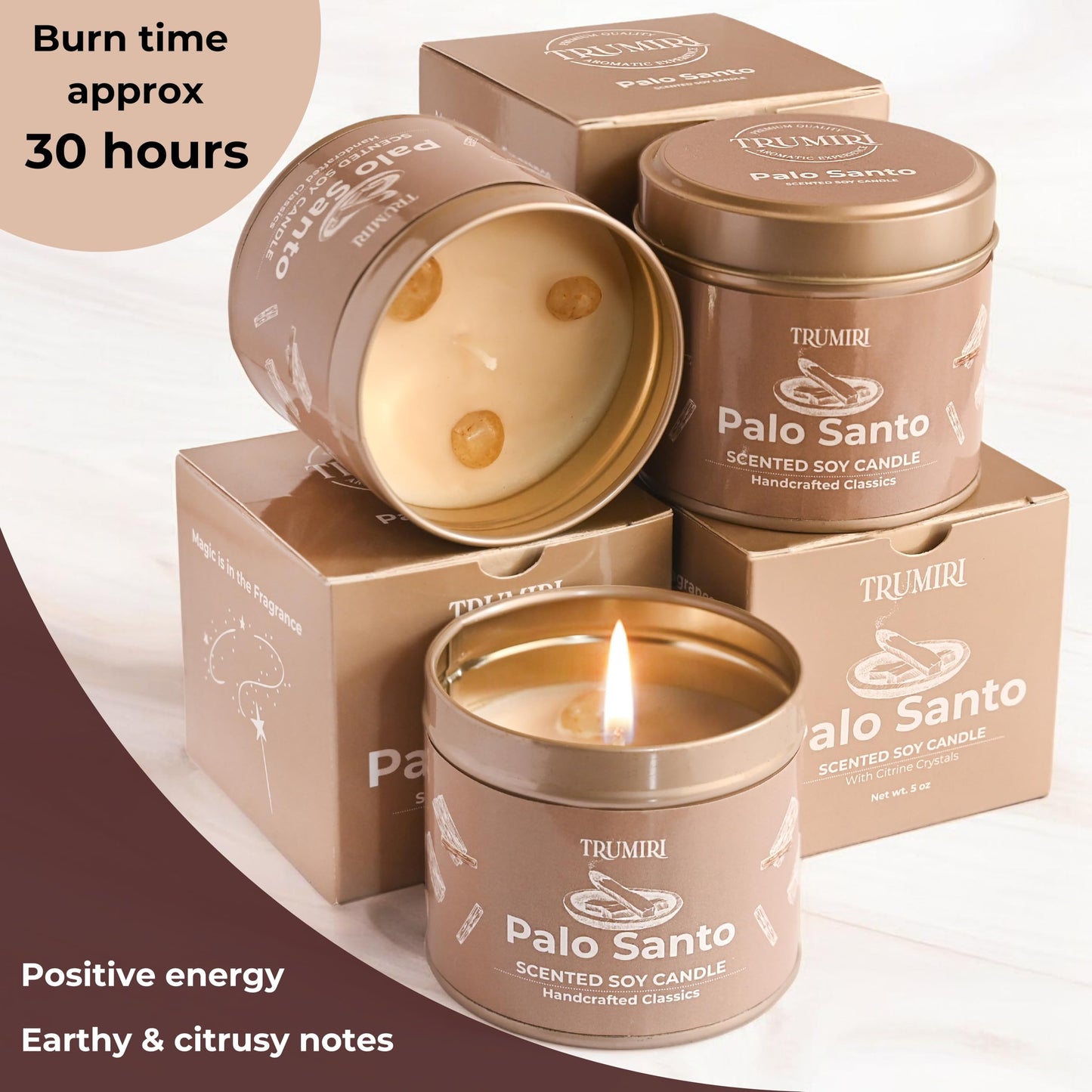 Palo Santo Candle for Home - Highly Scented with Citrine Crystals - Pack of 3 x 5oz Soy Wax Organic Non Toxic for Aromatherapy Relaxation Meditation - Room Decor for Men - Pet Safe Candel