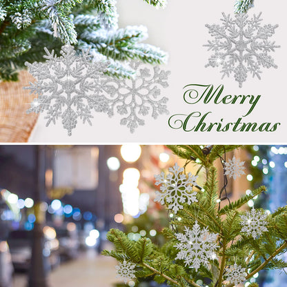 46Pcs Plastic Snowflake Ornament Christmas Glitter Snowflake Hanging Christmas Tree Decorations with Silver Rope for Winter Decorations Tree Window Door Accessories (Silver)