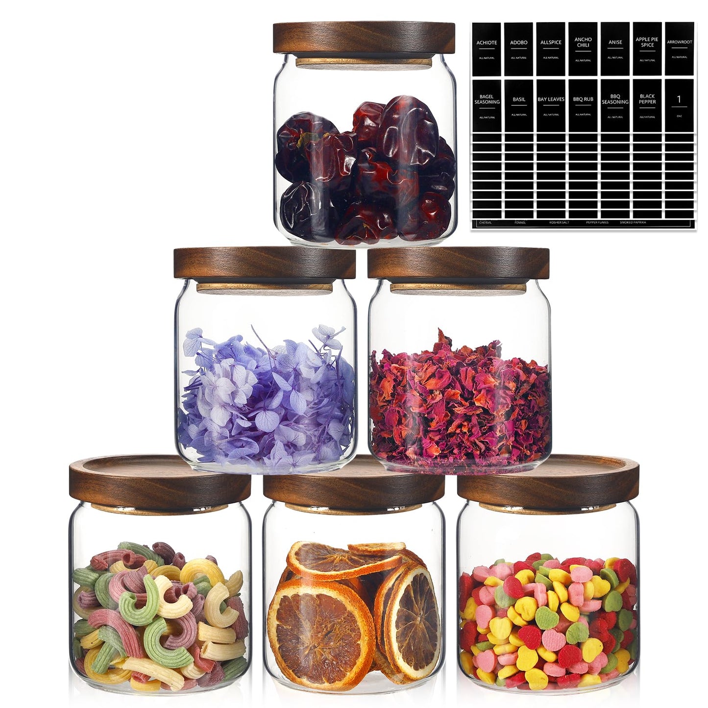 Glass Spice Jars Seasoning Containers Small Glass Jars with Lids Airtight Food Storage Canister for Kitchen Pantry Sugar Tea Coffee Bean Nuts Cookies Herbs Salt (16oz/473ml*6 pack)
