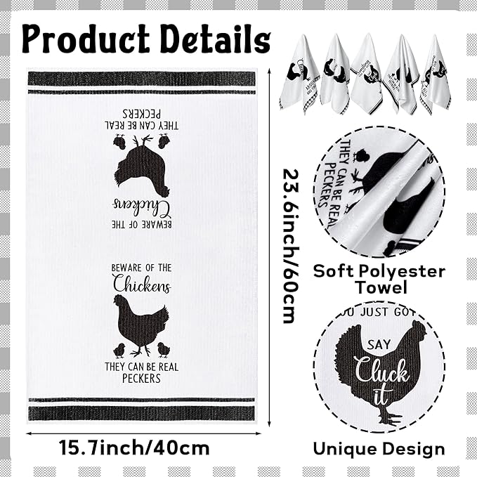 R HORSE 5Pcs Funny Chicken Kitchen Dish Towel Set Absorbent Quick Dry Cloth