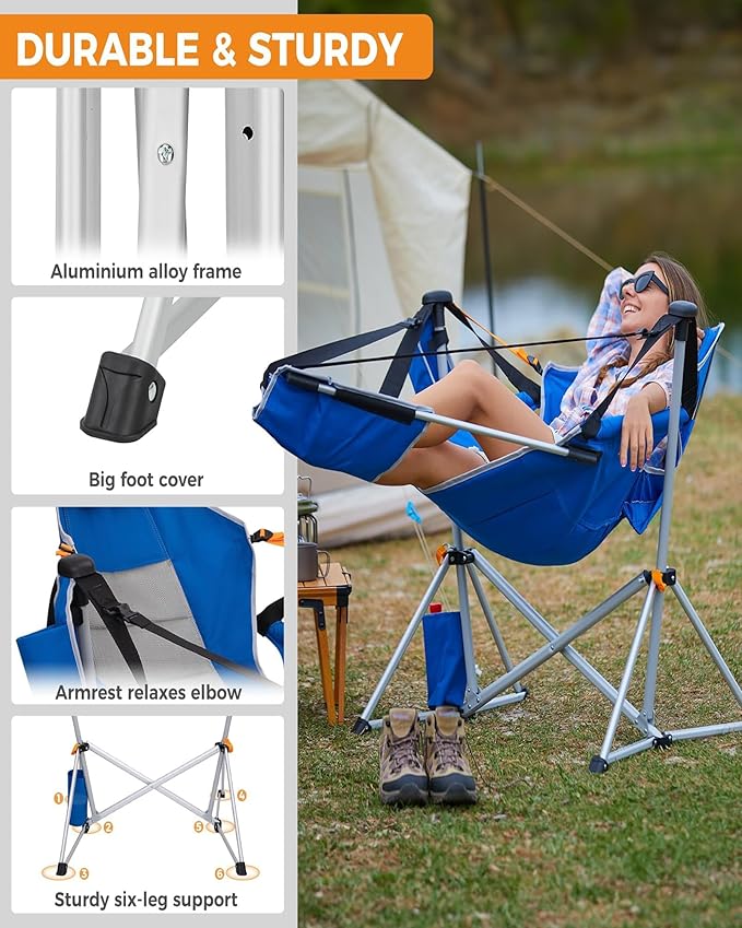 KingCamp Hammock Chair with Footrest – Heavy Duty Swinging Rocking Camping Chairs for Adults up to 400lbs, Folding Portable Oversized Rocker with Cup Holder & Pillow for Outdoor Beach Lawn RV Sports