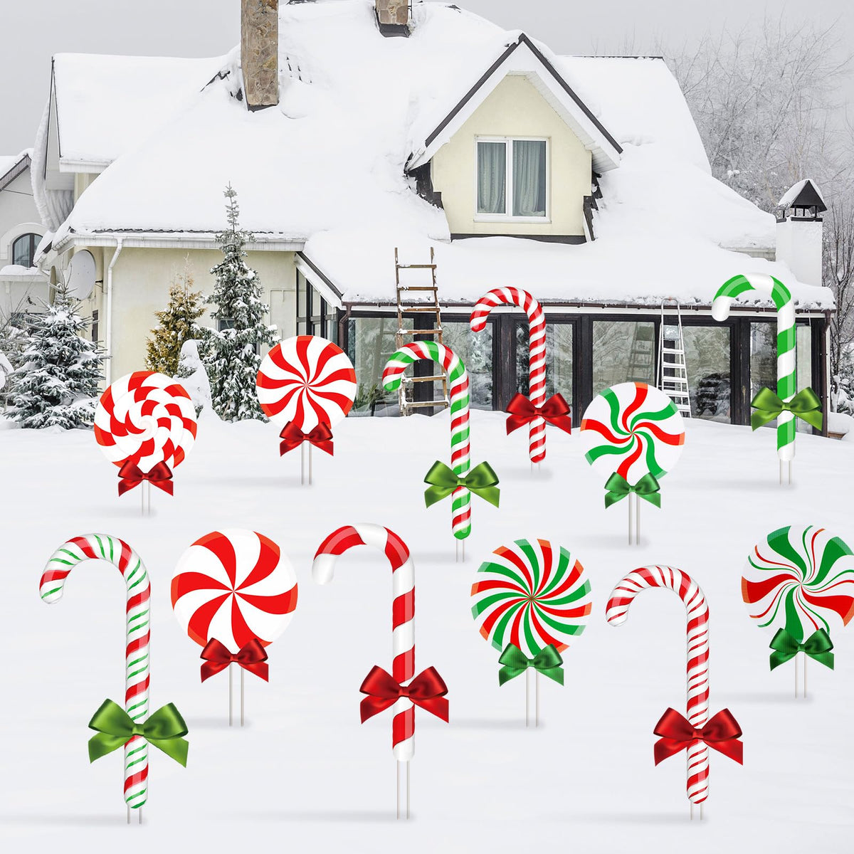 Glenmal 12 Pcs Christmas Yard Decor Outdoor Peppermint and Candy Cane Yard Decorations with Stakes Waterproof Xmas Garden Lawn Pathway Decorations Christmas Decor Outside(Red White, Red Green)