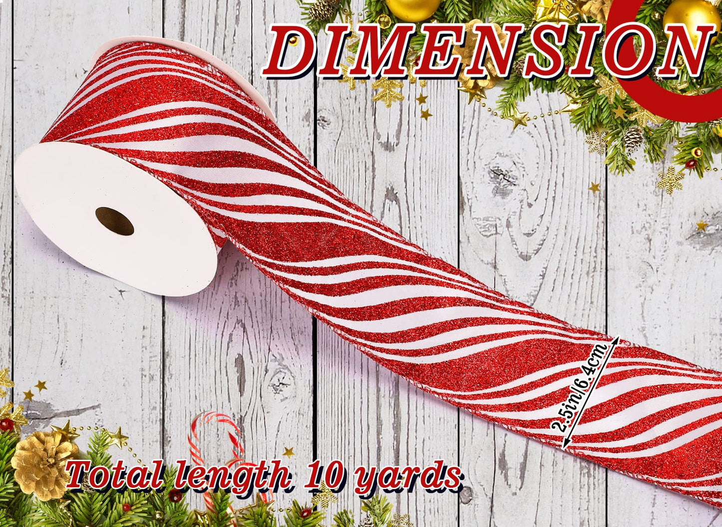 Whaline Christmas Glitter Candy Cane Ribbon White Red Stripe Wired Edge Ribbon 2.5 Inch Rustic Farmhouse Craft Ribbons for Xmas DIY Gift Wrapping Floral Arrangement Wreath Bow Decoration, 10 Yard