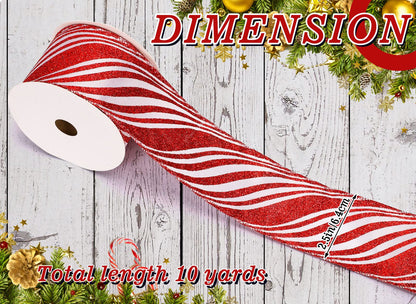 Whaline Christmas Glitter Candy Cane Ribbon White Red Stripe Wired Edge Ribbon 2.5 Inch Rustic Farmhouse Craft Ribbons for Xmas DIY Gift Wrapping Floral Arrangement Wreath Bow Decoration, 10 Yard