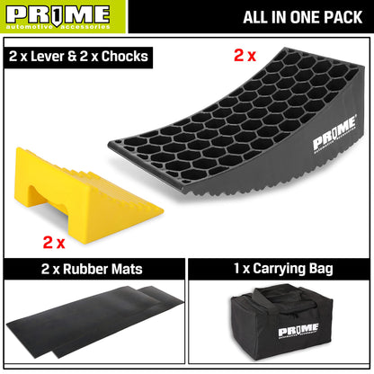 PR1ME RV Leveling Blocks, Heavy Duty Camper Leveler Kit, 2 Pack Curved RV Levelers with Anti-Slip Mats & Wheel Chocks, Faster Leveling System for Travel Trailer, Motorhome & Dual Axles
