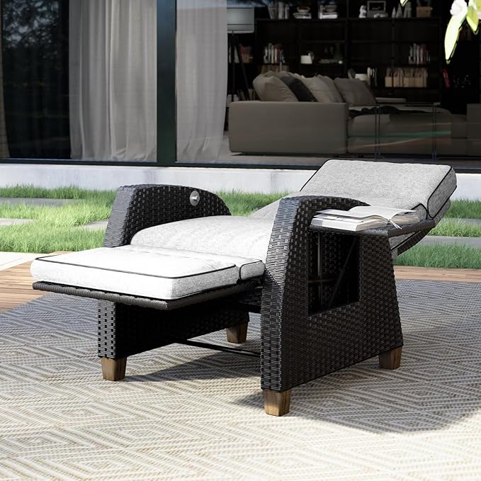 Grand patio Outdoor Reclining Chairs with Extended Footrest 2-Piece Adjustable Patio Wicker,Lounge Recliner up to 150° with Flip Side Table Griege