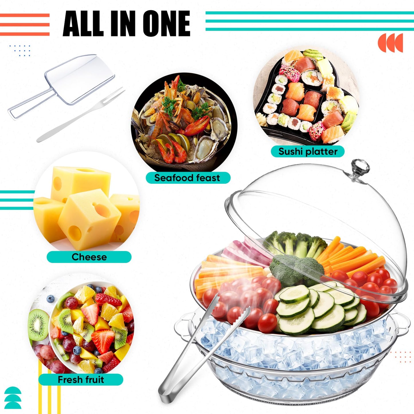 Baderke 11.8" Chilled Serving Tray for Parties with Compartments and lid Ice Chilled Party Platter Charcuterie Serving Board Cold Dish Dip for Fruit Seafood Vegetable Shrimp Cocktail(Silver,1 Pcs)