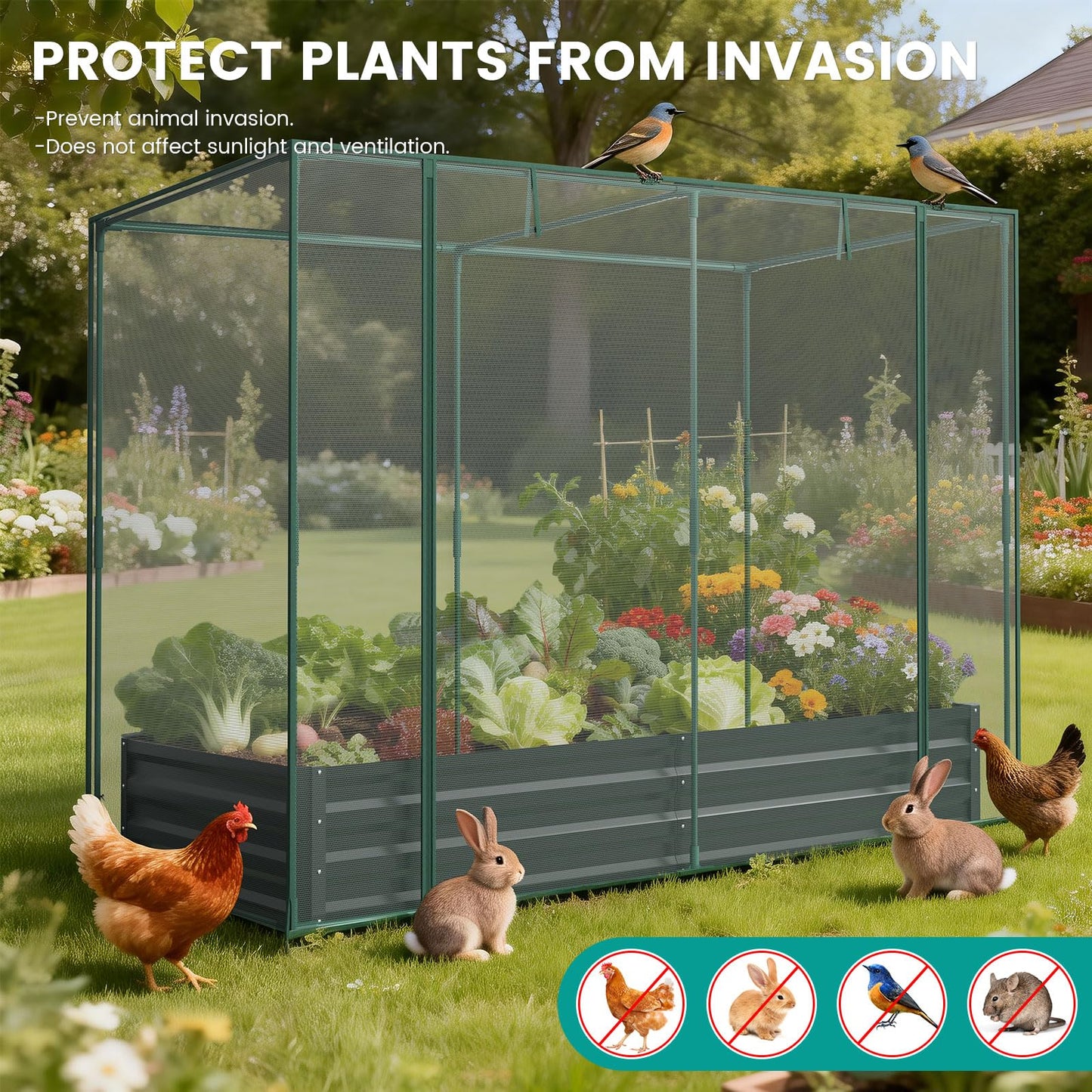 SUNYRISY Galvanized Raised Garden Bed with Protection Netting, Outdoor Metal Planter Box with Plant Crop Cage, Garden Box Protection for Gardening Vegetables Flowers Herbs Planting, Black