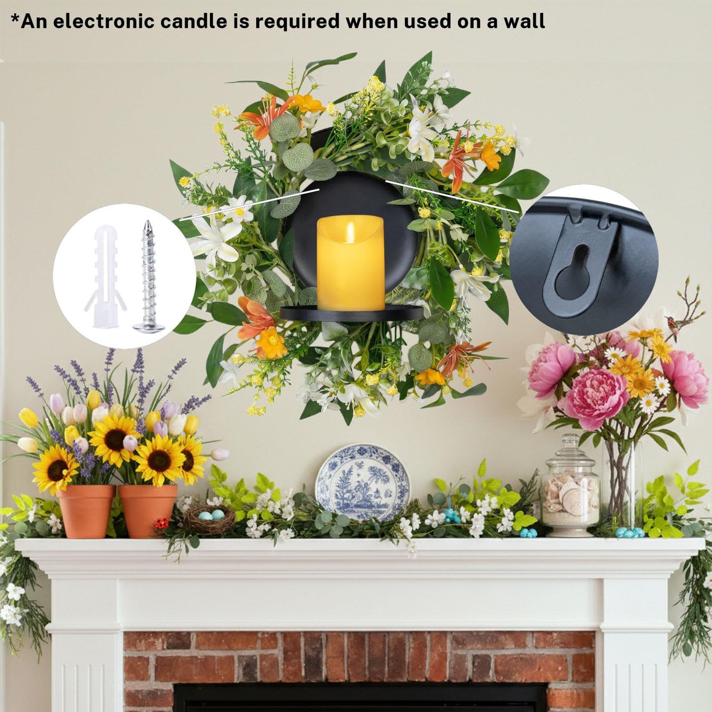MOYEE Summer Centerpieces for Tables Candle Ring, Black Metal Candlestick with an Artificial Wreaths 14 in Versatile Dining Table Centrepiece (an Orange and White Wreath)