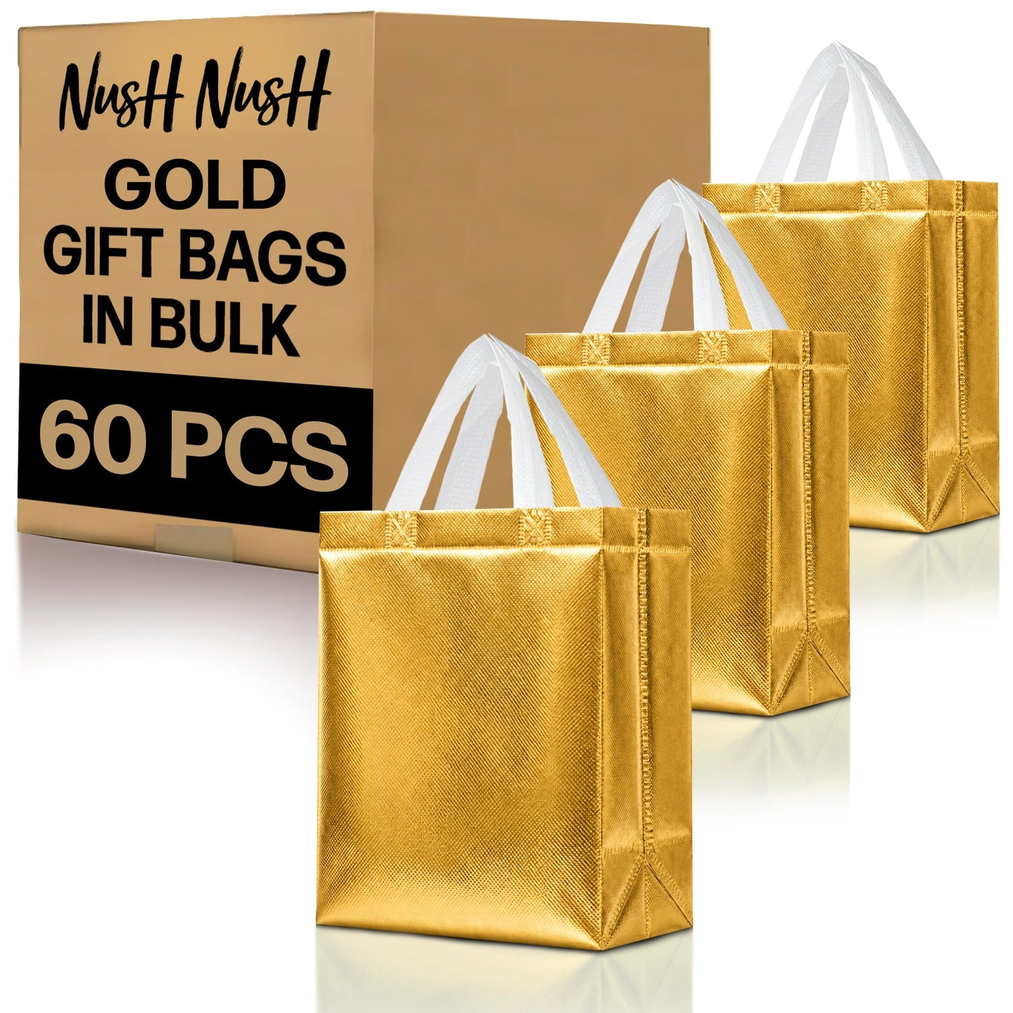 Nush Nush Set of 60 Gold Gift Bags Bulk – Medium Size Reusable Gold Gift Bags With Handles - Perfect Party Favor Bag for Christmas, Wedding, Bachelorette Party Favors and Goodies – 8W x 4D x 10H