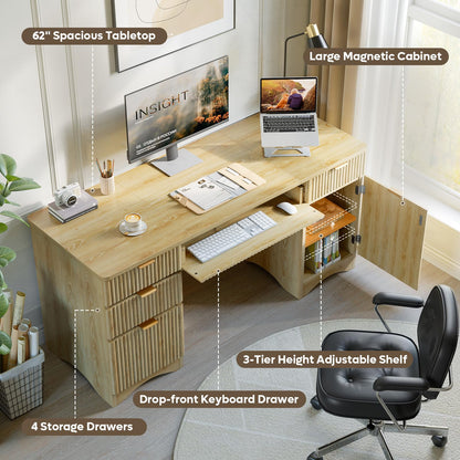 Bestier 63 Inch Home Office Desk with Drawers, Fluted Executive Desk with Ample File Drawer, Keyboard Tray & Storage Cabinet for Study, Living Room, Bedroom, Natural Oak