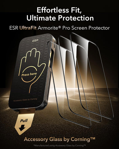 ESR Accessory Glass by Corning™ 3 Pack 9H+ Glass for iPhone 17 Pro Max Screen Protector, Military Grade Shatterproof & Durable with UltraFit Tray