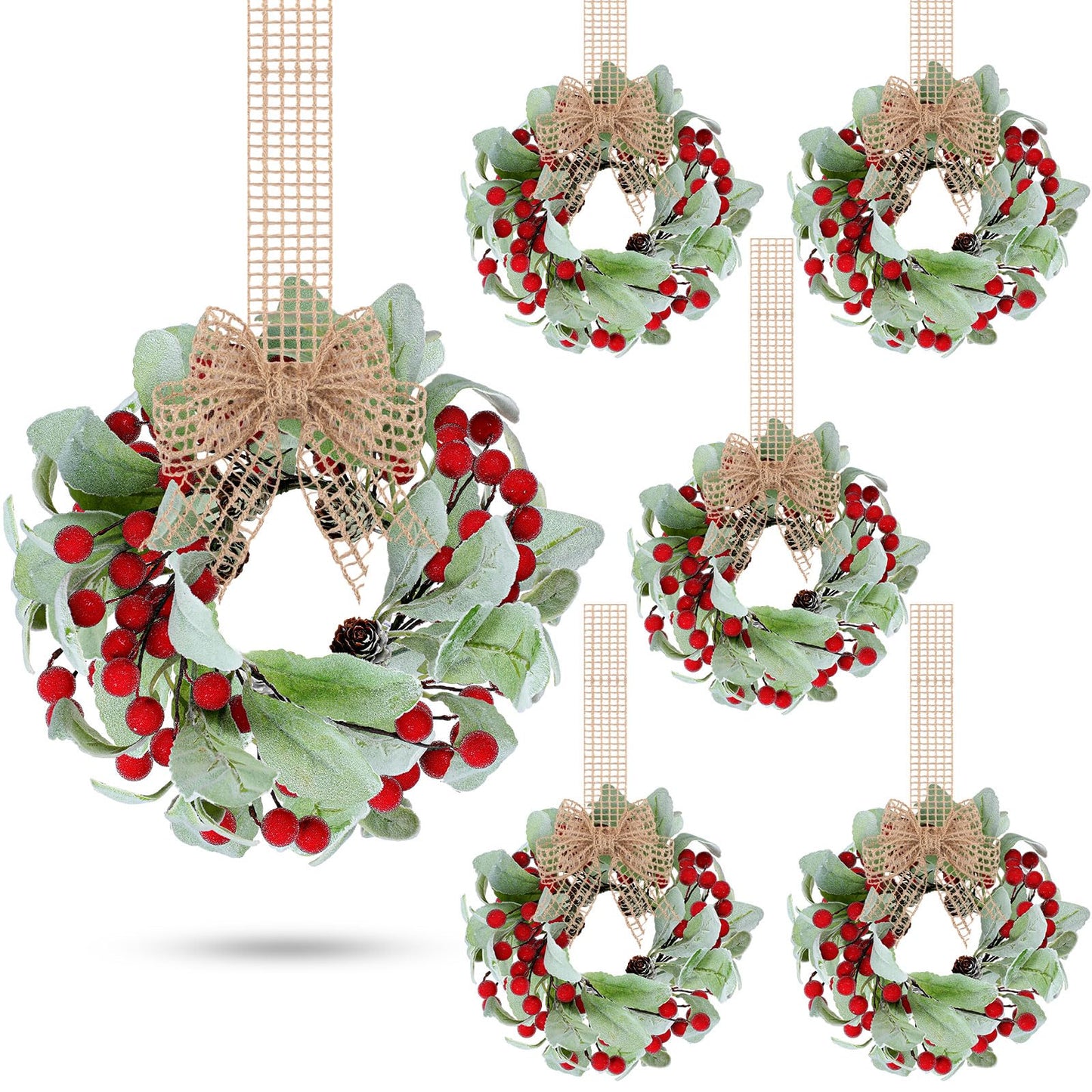 Zeyune 6 Set 9'' Small Wreaths for Kitchen Cabinets Mini Christmas Wreaths Real to Touch Lamb Ear with Burlap Ribbon Red Berry Farmhouse for Xmas Wall Window Indoor Outdoor Chair Decor