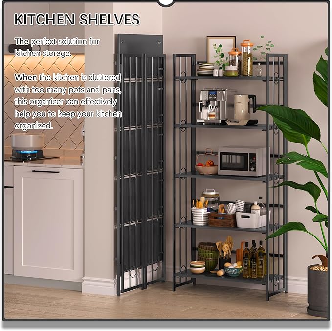 4NM No Assembly 5 Tiers Folding Bookshelf, 59.4" H Foldable Storage Shelves
