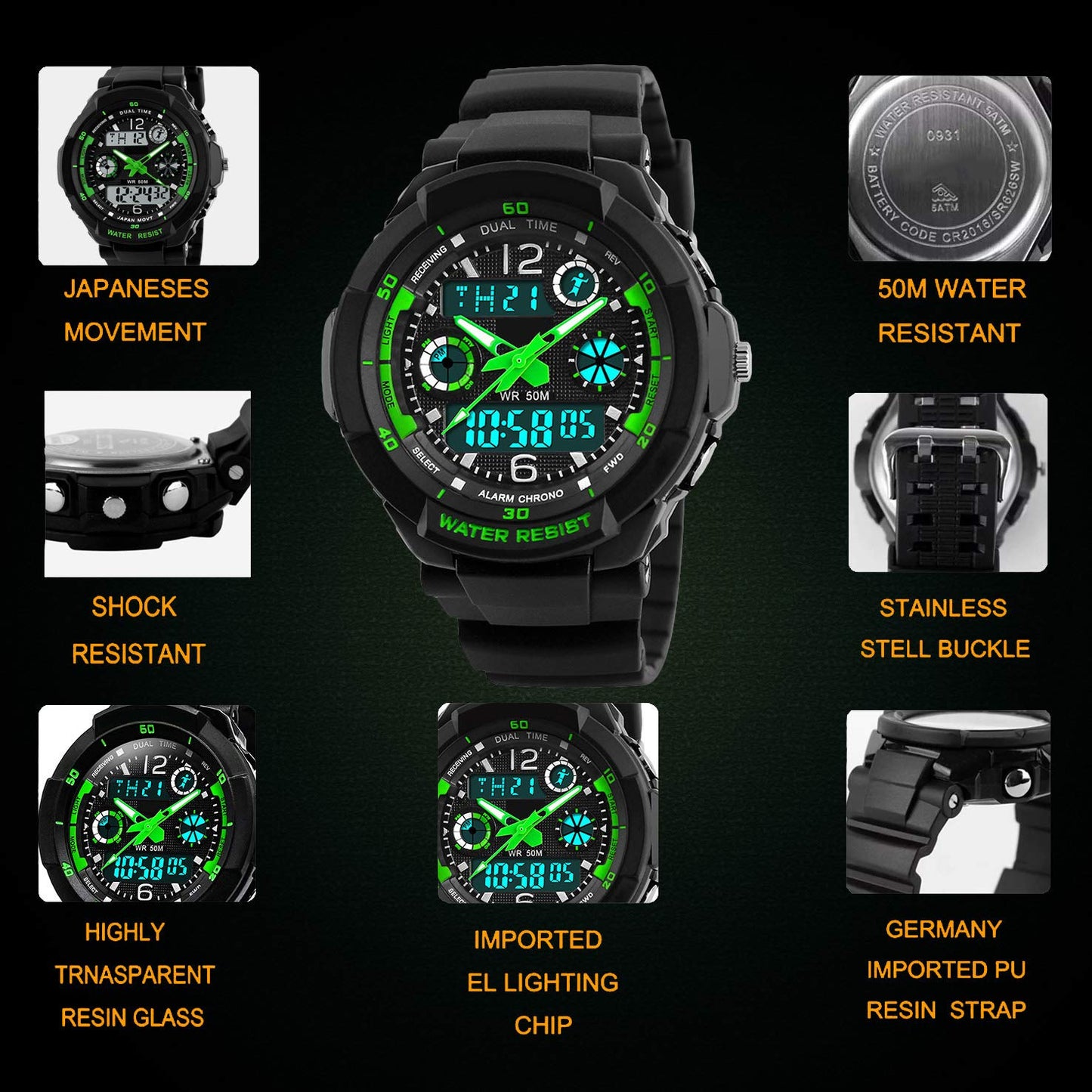VDSOW Digital Watches for Kids Boys - 50M Waterproof Outdoor Sports Analogue Watch with Alarm/Timer/Dual Time Zone/LED Light, Childrens Electronic Shock Resistant Wrist Watches for Junior Teenagers