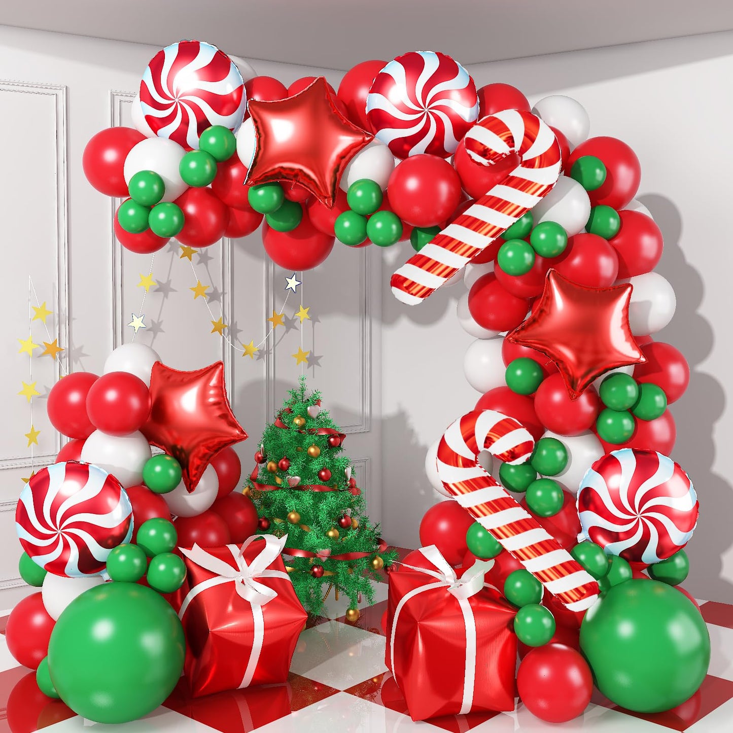Christmas Balloon Garland Arch Kit, 123PCS Red Green White New Year Xmas Balloons with Candy,Gift Box,Red Star,Cane Foil Balloons for Christmas Party Decorations,Birthday,Baby Shower