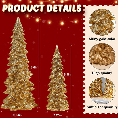 Set of 2 Gold Glitter Resin Trees,Small Pine Tree Figurines Decorative Christmas Trees Tabletop Centerpieces Decor for Christmas,Xmas,Holiday,9.6'' / 6.1''