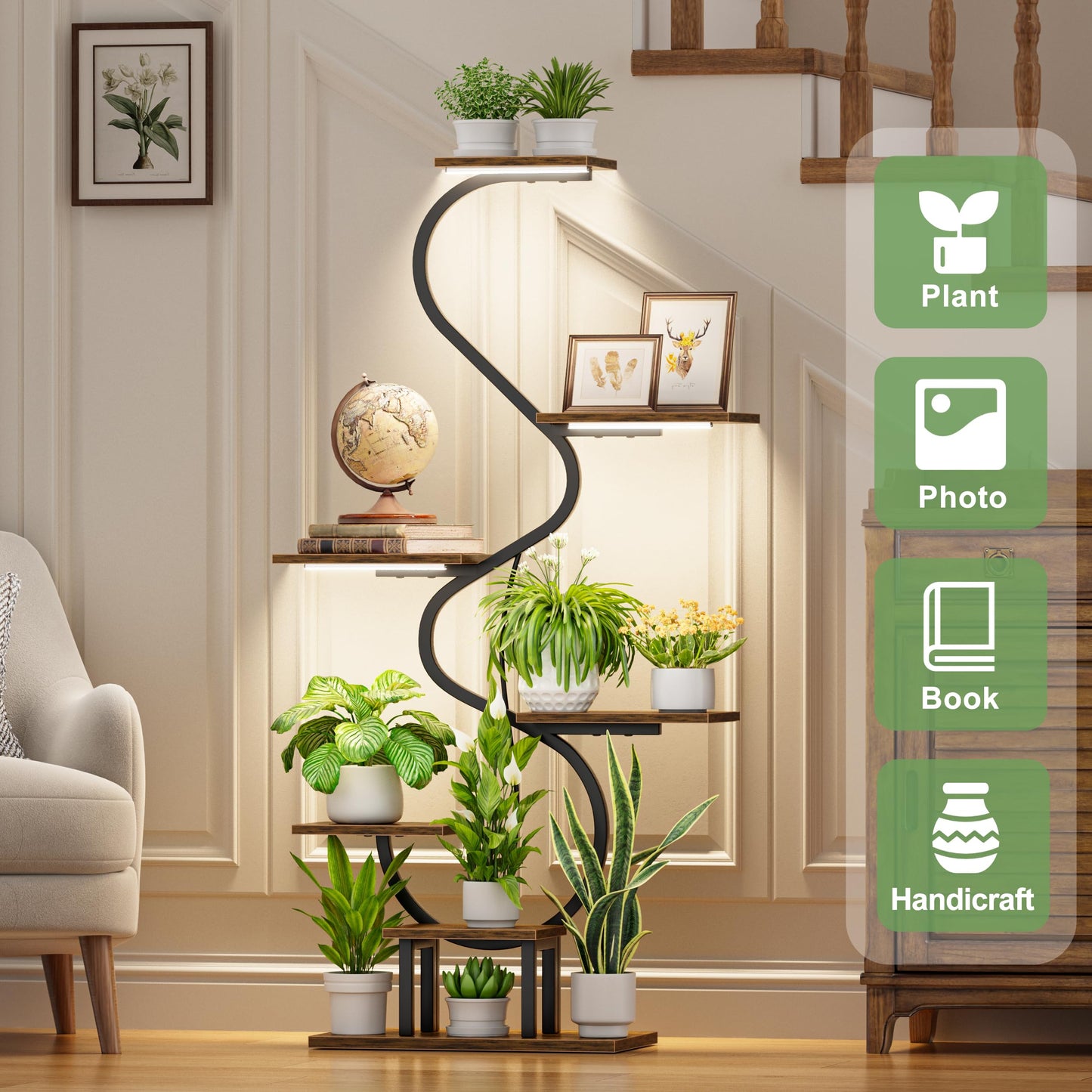 CODACE Plant Stand Indoor with Grow Lights - Tall Corner Plant Shelf, 7 Tiered Plant Stands for Indoor Plants, Metal Flower Plant Rack, Curved-Shaped Inoor Plant Holder for Living Room, Patio（Black