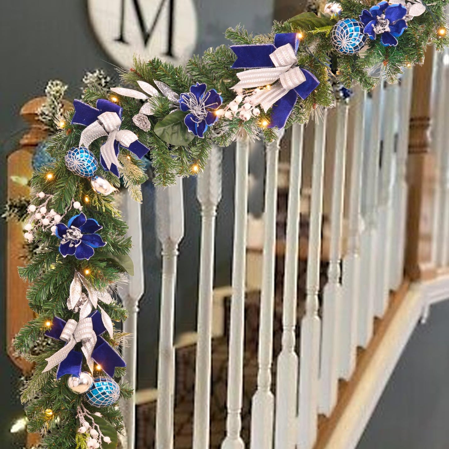 Pre-Lit Christmas Garland for Front Door with 20 LED Lights,6 ft Silver Blue Lighted Christmas Garland for Mantel Fireplace Window Stairs Holiday Decoration with Timer,Magnolia Winter Decor