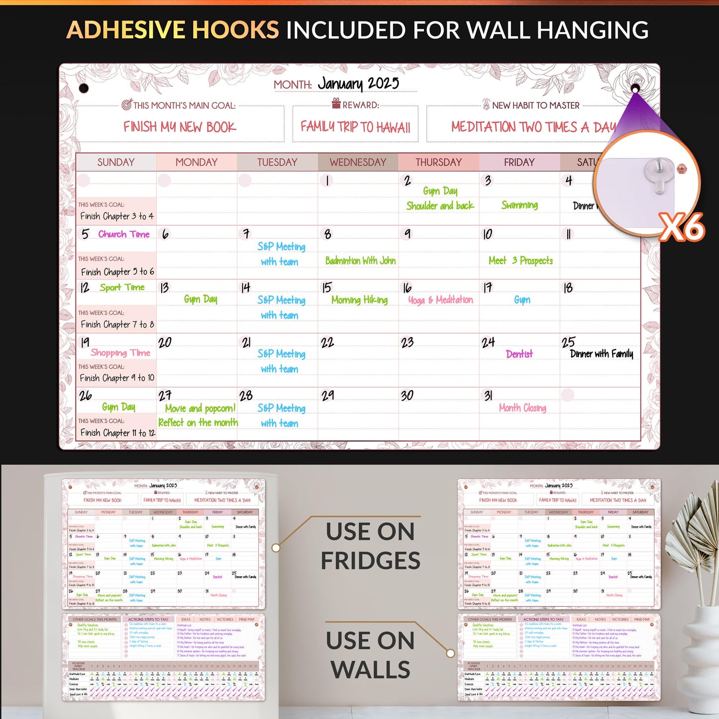 Magnetic Whiteboard for Fridge - Large Dry Erase Calendar for Wall | 3 Magnetic Dry Erase Board 10.5" x 16.5" & 7" x 16.5", Monthly Goal Setting & Habit Tracker, 5 Markers and 6 Adhesive Hooks