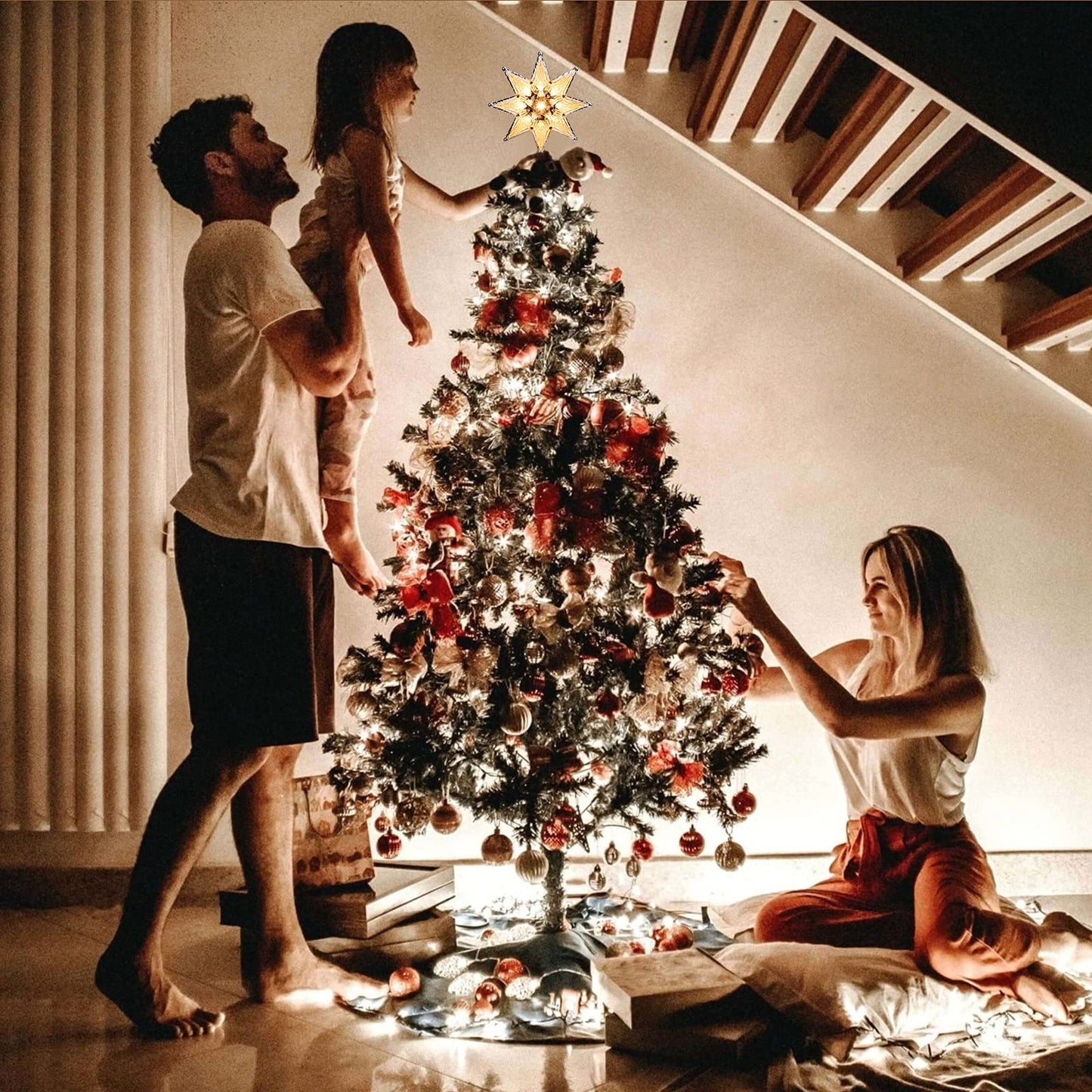 Brizled Star Christmas Tree Topper, 8" Lighted Double-Sided Star Treetop, 8-Point Xmas Tree Topper with 10 Warm Lights, 120V UL Certified for Christmas Ornament Party Home Decor