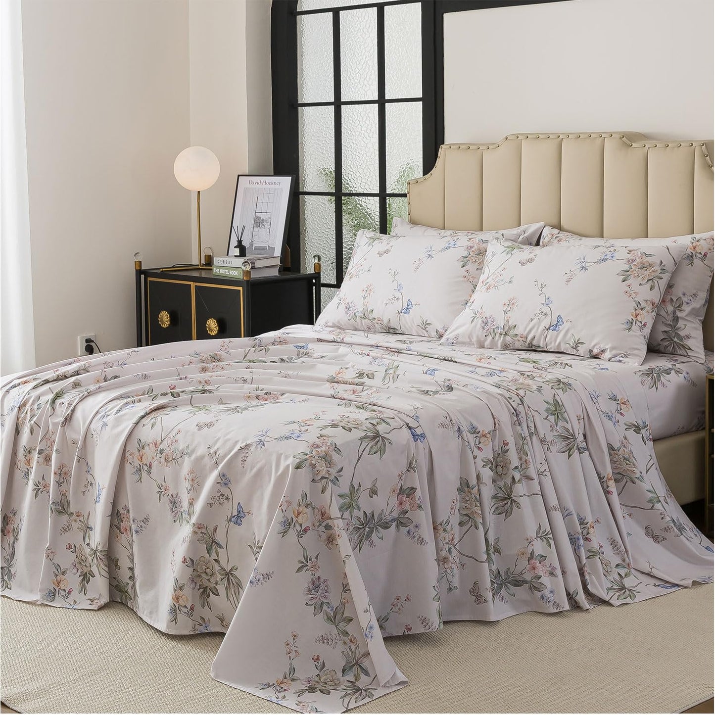 FADFAY California King Sheet Set Percale Cotton, Soft Deep Pocket Fitted Sheet, Country Style Floral & Butterfly Pattern Bedding for All Seasons, Crisp & Breathable for Hot Sleepers,4Pcs