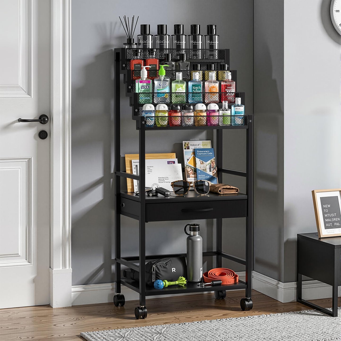 4-Tier Men's Cologne & Accessory Organizer with Drawer & Wheels, Sleek Industrial Wooden & Metal Perfume Display Rack for Cologne Bottles, Aftershave & Grooming Essentials, Multi-Functional Fragrance Storage Stand, Black