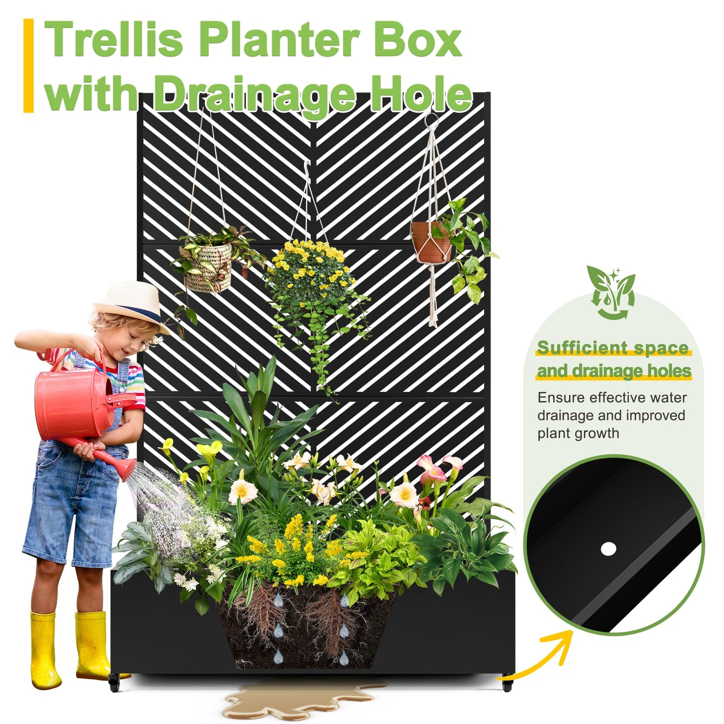 FENCY Metal Raised Garden Bed with Wheels and Trellis,73"x47"x16" Planter Box for Climbing Plants, Vegetables & Vines, Features Privacy Screen and Drainage Holes (Black-Arrow)