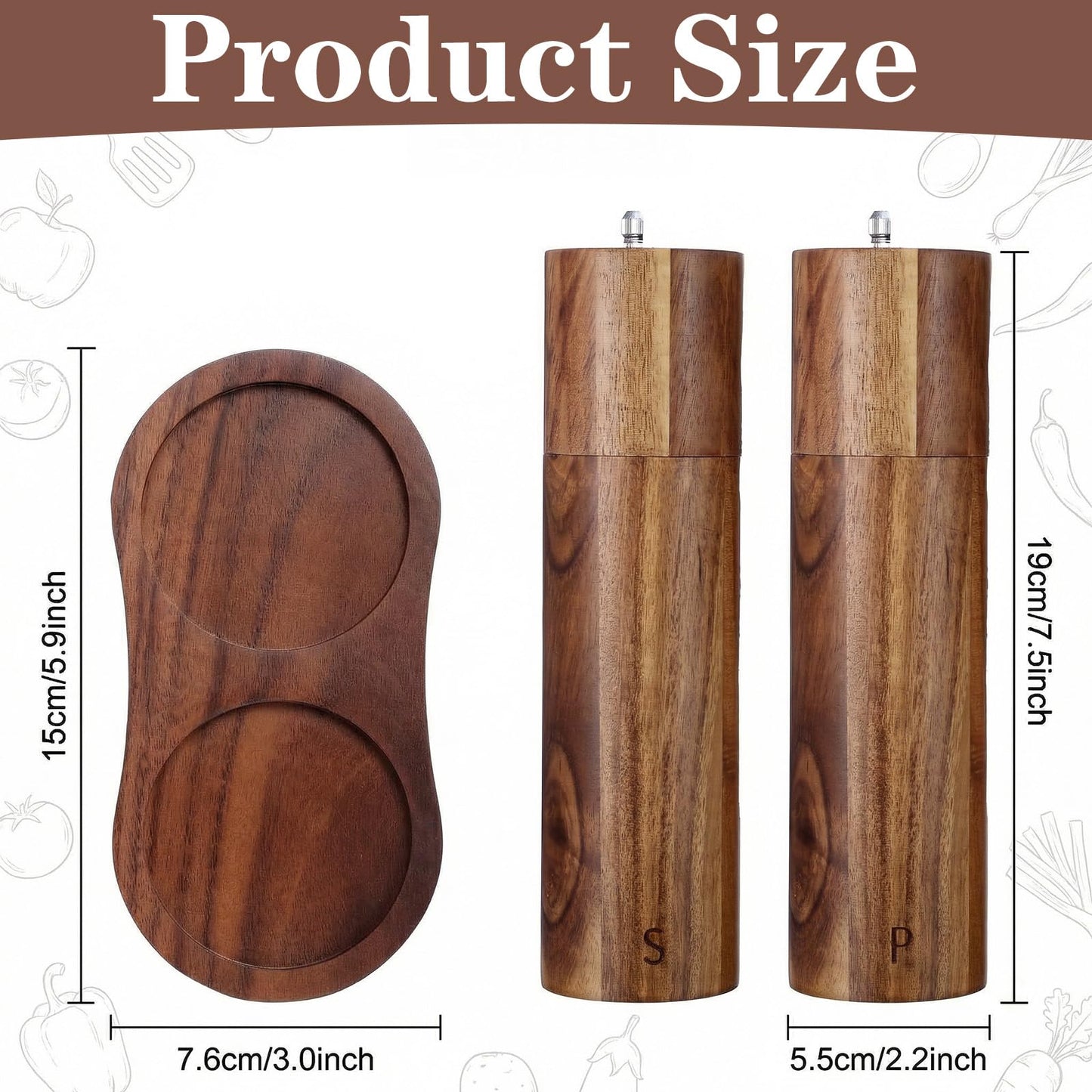 Wooden Salt and Pepper Grinder Set, 8 Inch Manual Mill with Tray, Adjustable Coarseness, Refillable Acacia Wood Grinders for Kitchen, Home, and Gift (Brown)