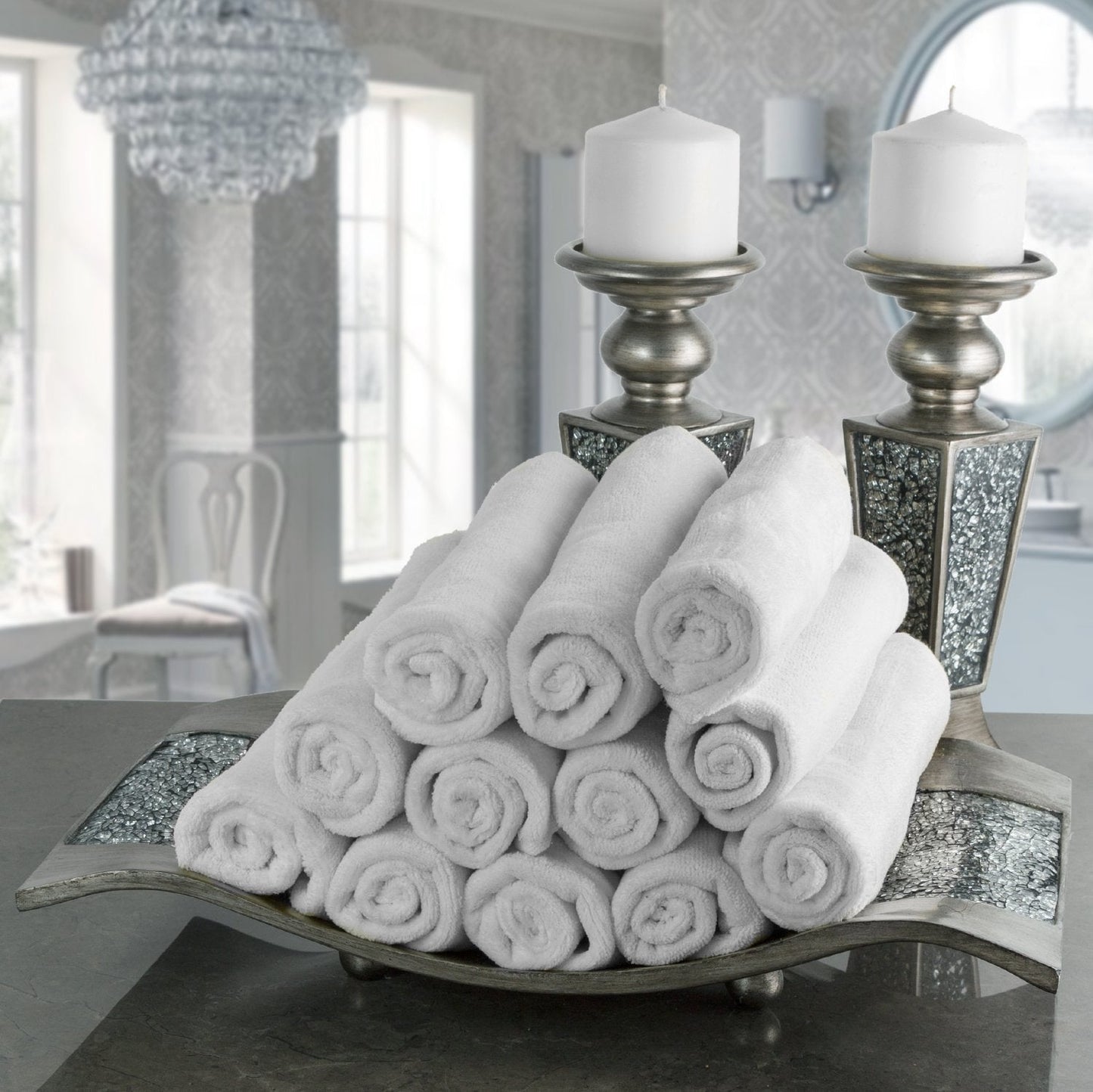 Creative Scents Schonwerk Silver Pillar Candle Holder Set of 2 - Crackled Mosaic Design - Centerpiece Table Decoration - Coffee Table Decor - Decoration Centerpiece for Living/Dining Room - Best Gift