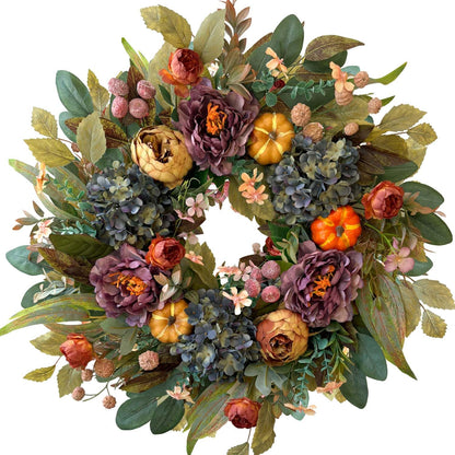 WANNA-CUL 24in Fall Front Door Wreath,Hydrangea Peony Pumpkin Harvest Decor