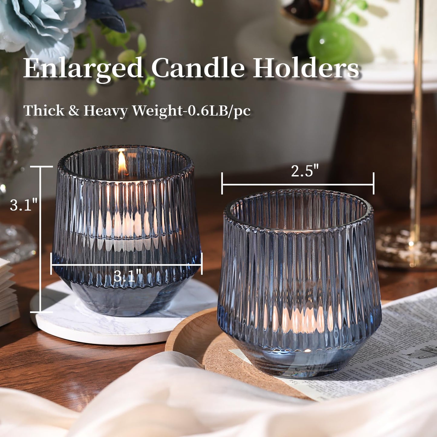 12 Pcs Large Blue Votive Candle Holders for Table Centerpieces- 3.15"×3.15" Ribbed Tea Candle Holders for Dusty Blue Wedding Decor, Bridal Shower Decorations