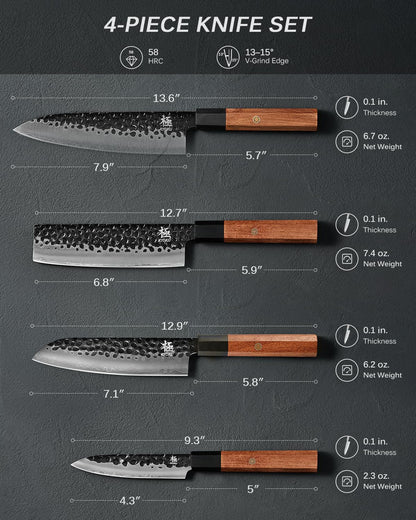 KYOKU 4pc Knife Set, Kage Series Japanese Kitchen Knife Set with Chef Utility Santoku Nakiri Knife, Professional Japanese Style Knives for Chopping Slicing Mincing with Sheaths & Gift Box