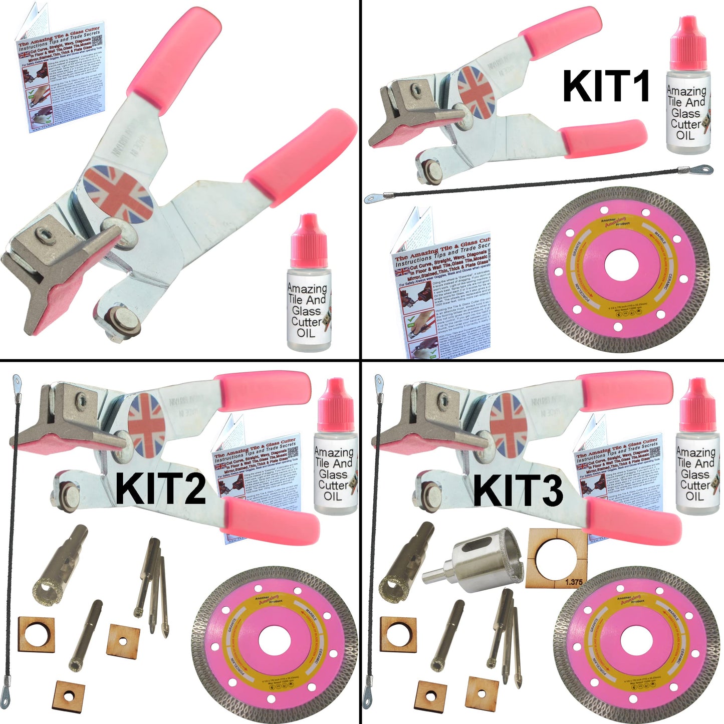 Tile Cutters for Ceramic Tiles Kit 4 Left Handed Tile Drills Hole Saw for Pipes Saw Blade for Notches Grinder Tile Saw Cutting Out Sockets Tile File for Trimming Edges Grout Rake for Cleaning Grout