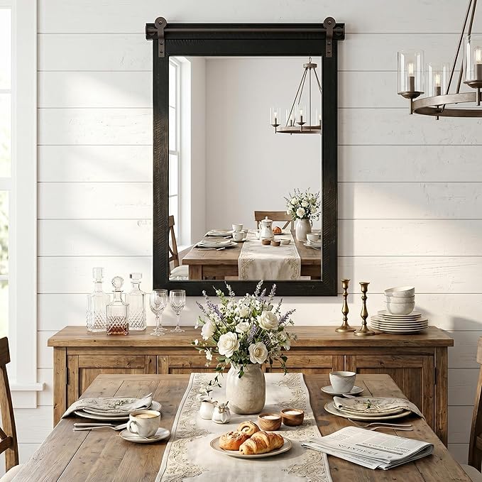 24"x36" Black Barn Door Wall Mirror, Solid Wood Framed Rustic Accent Mirror