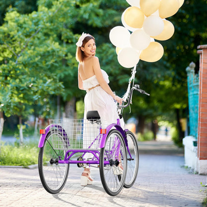 MarKnig 1 Speed Adult Tricycle, 3 Wheel Bikes with Large Basket, Cruiser Bike for Women/Men/Seniors, Adult Trike for Outdoor/Shopping/Recreation/Picnic(24Inch Purple)