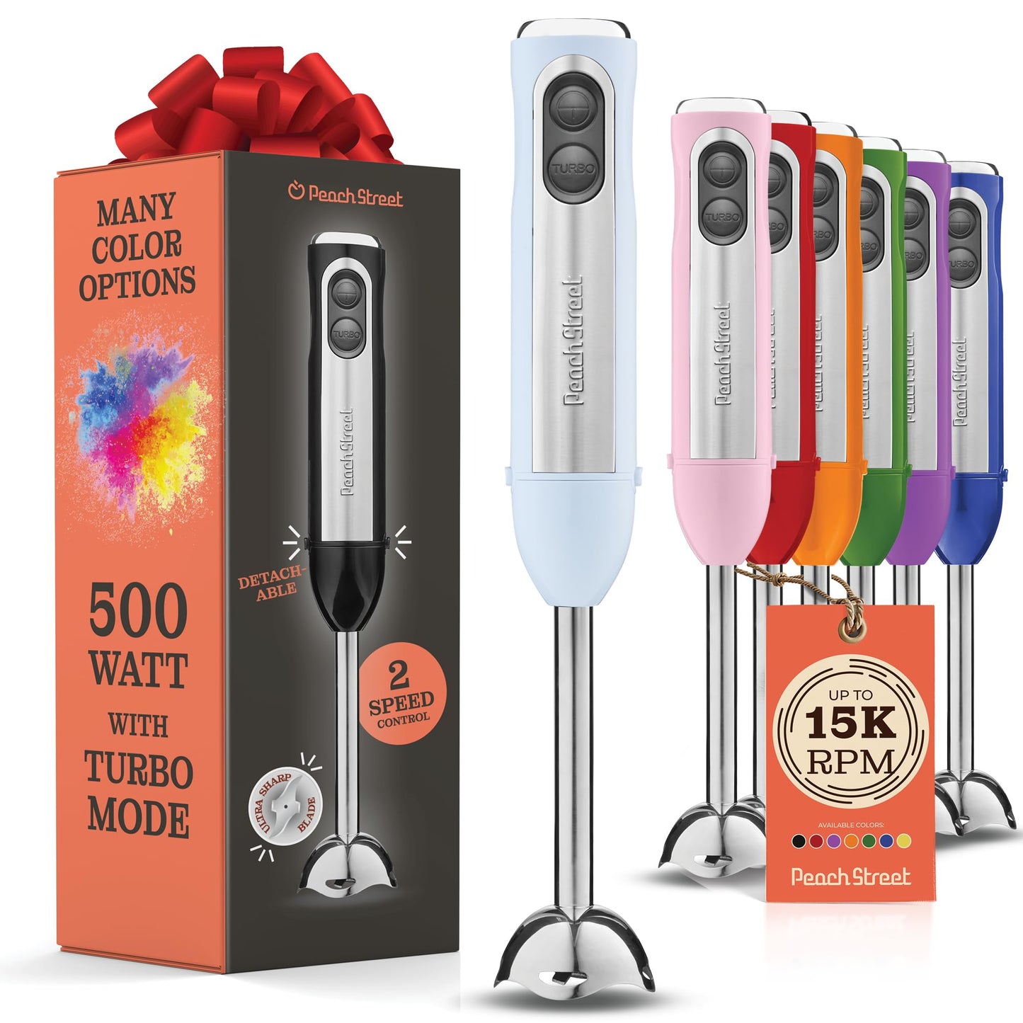Powerful Immersion Blender, Electric Hand Blender 500 Watt with Turbo Mode, Detachable Base. Handheld Kitchen Gadget Blender Stick for Soup, Smoothie, Puree, Baby Food, 304 Stainless Steel Blades