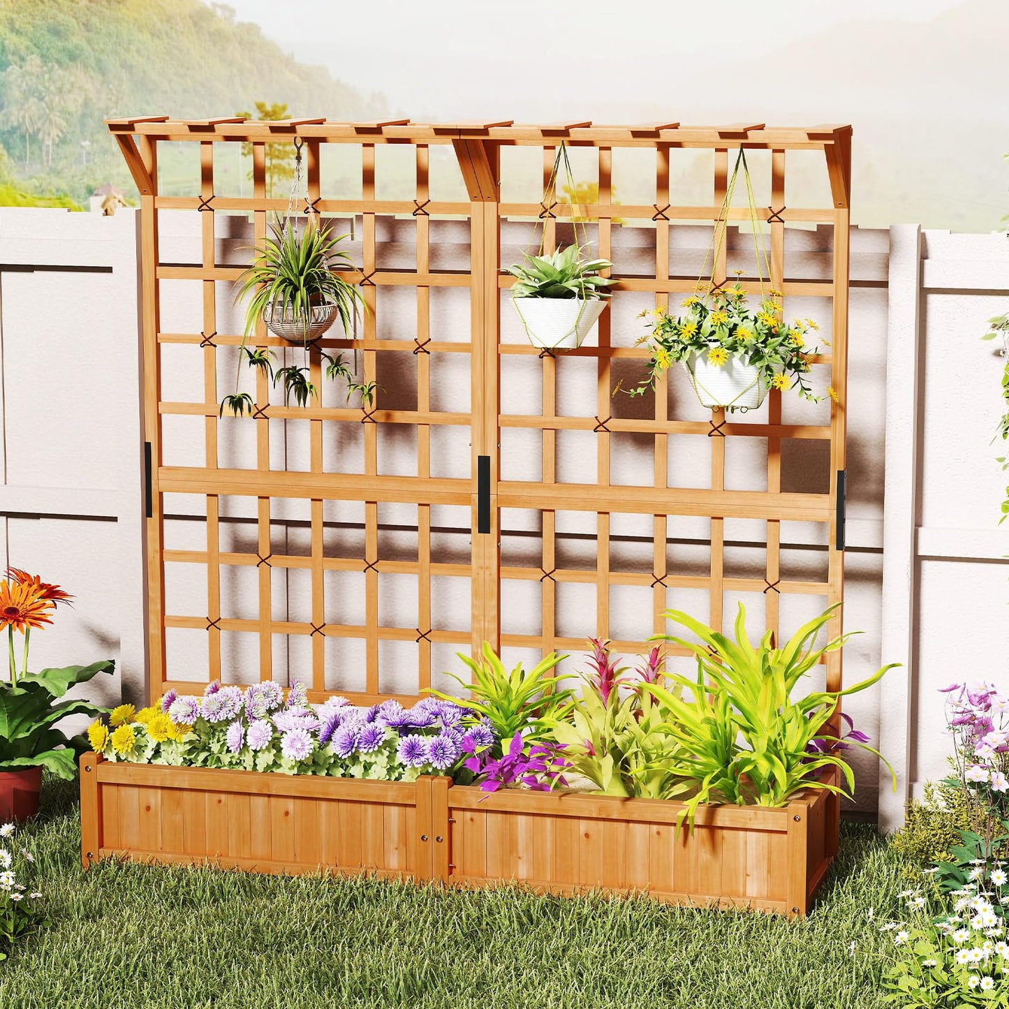 Toolsempire 72" Raised Garden Bed with Lattice Trellis, Hanging Roof & Drainage Holes, Elevated Wooden Planter Box for Vine Climbing Plant, Flower, Herb & Vegetable