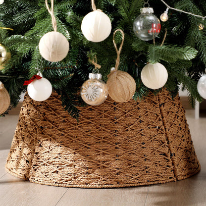 Poen Woven Rattan Christmas Tree Collar, Neutral Wicker Tree Skirt, Rustic Farmhouse Christmas Stand Base Cover Decor Handmade X-Shape Weave Design(Khaki,24 Inch)