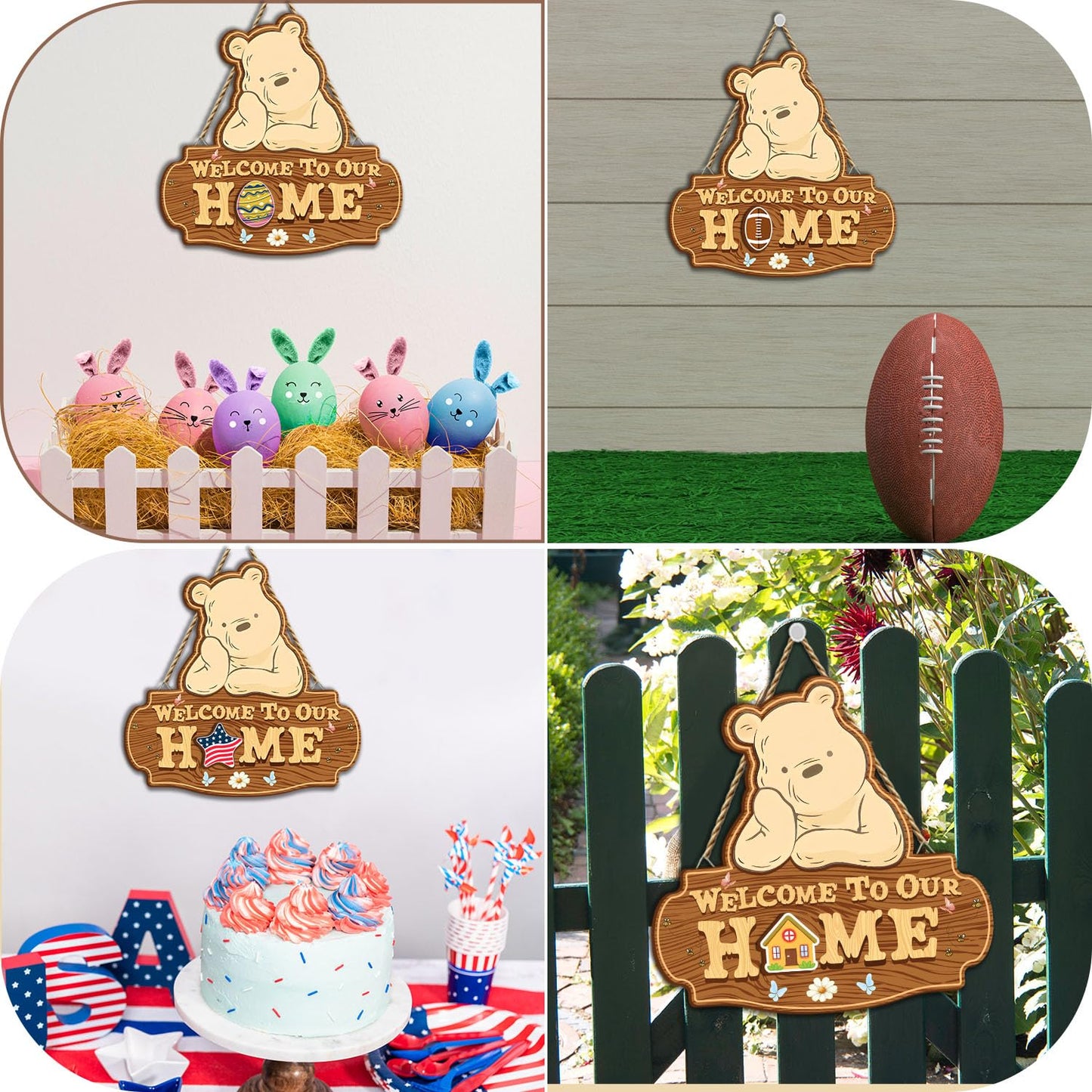 Winnie Welcome Sign for Door Decor, the Pooh Welcome to Our Home Sign with Interchangeable Holiday Sign, Christmas Party Decor Supplies, Perfect for Housewarming Gift, Christmas Thanksgiving Gifts