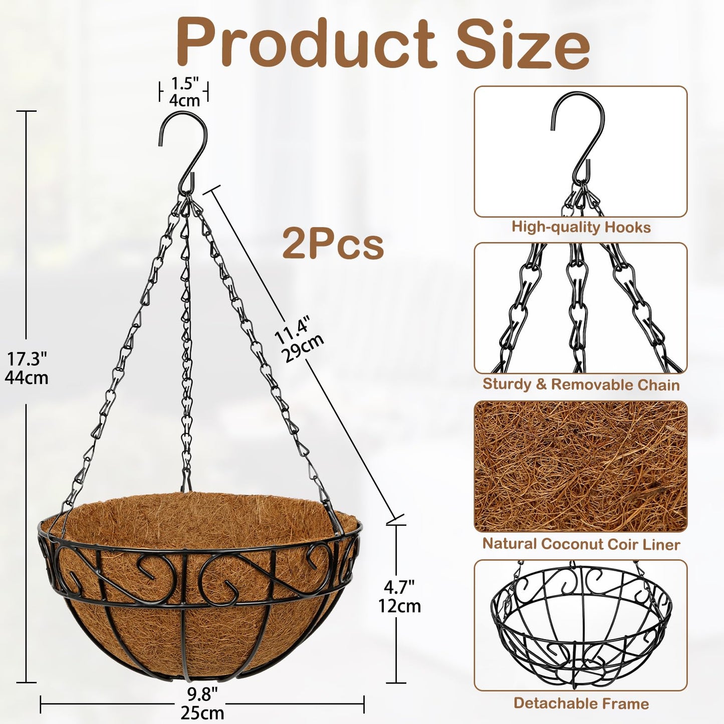 Nature Crafted 2 Pack 10 inch Metal Hanging Baskets for Plants, Round Metal Wire Hanging Basket Planter with Coco Fiber Liners Chain for Garden Home Porch Patio, Flower Border