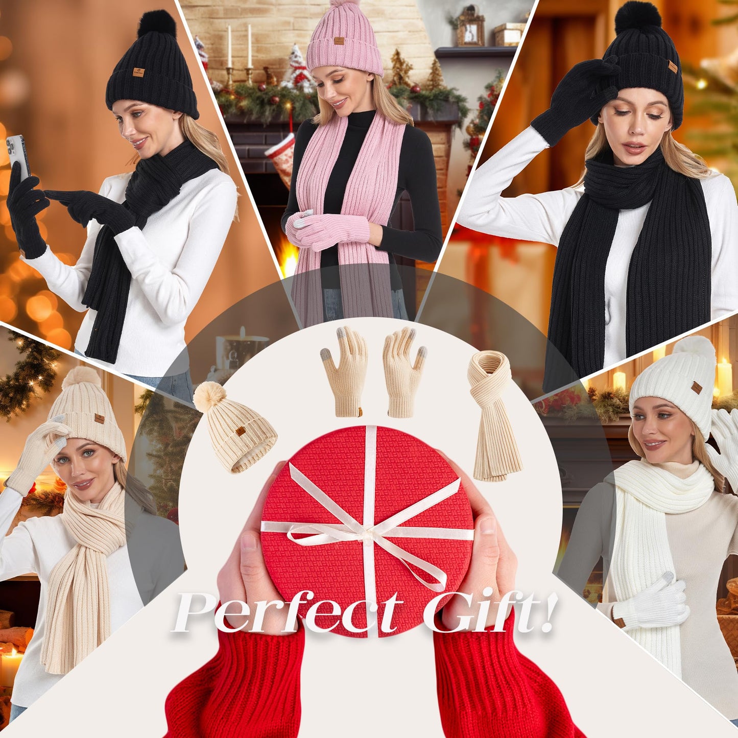 Coolprince Womens Long Scarf Gloves and Hat Set Cold Weather Hat Scarf Glove Set for Women Winter Beanie Hats with Pom Pom Apricot