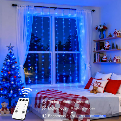 JMEXSUSS 300LED Blue Curtain Lights, Christmas Lights with Remote, Hanging String Lights for Bedroom Wall Window Backdrop Garden Indoor Outdoor Patio Yard Decorations, 9.8x9.8ft