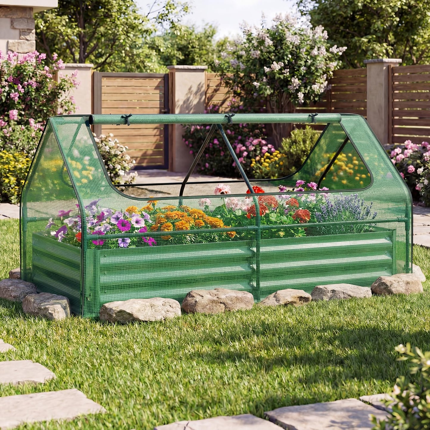 SAFSTAR Raised Garden Bed with Cover, 6FT x 3FT x 3FT Galvanized Bottomless Garden Bed with Greenhouse, Dual 2-Tier Roll-Up Windows, Outdoor Metal Planter Box Kit with Cover (Green)